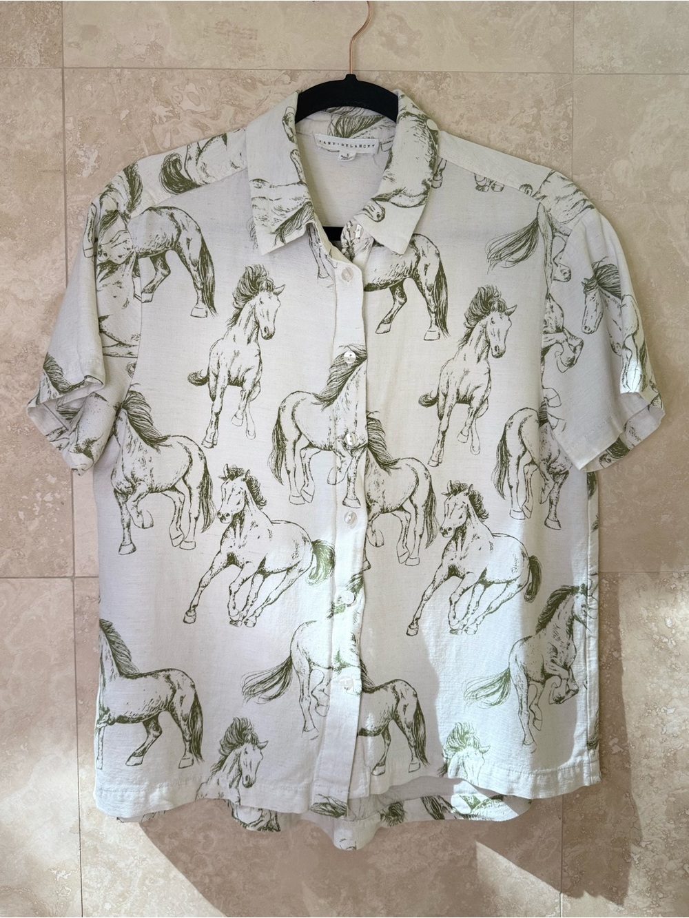 Jane + Delancey S Horse Print Rayon Linen Button Up Camp Shirt Top